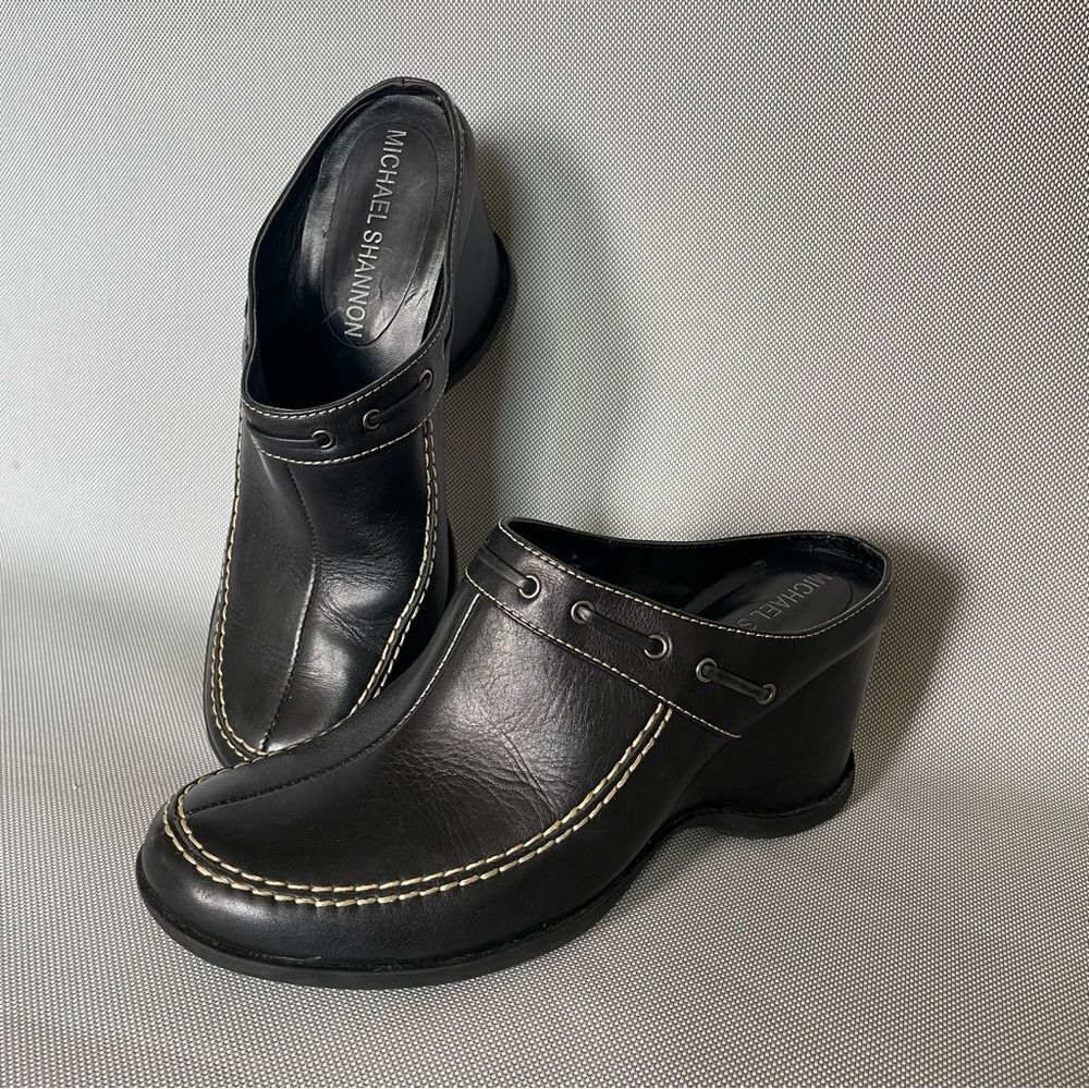 Michael Shannon ‘Shore’ Black Leather Heeled Clogs Shoes Women’s Size 7